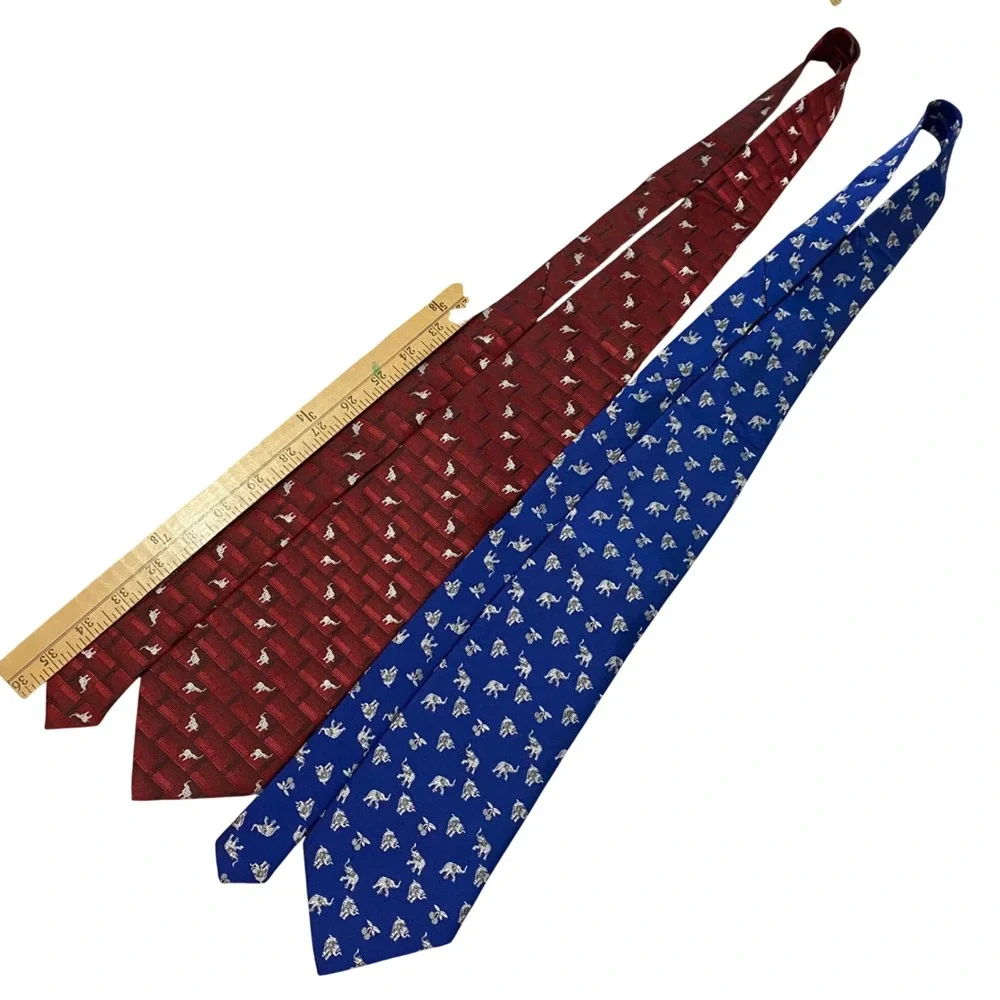 Lot of 2 Mens‎ Elephant Silk Ties Thailand Firsite Burgundy Red Royal Blue Silk